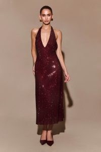 MESHKI Genie Diamante Halter Midi Dress in Mahogany / sparkling plunging halterneck dresses / plunge front evening occasion clothes / shimmering party fashion