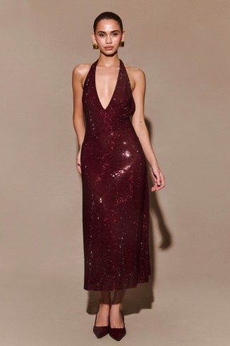 MESHKI Genie Diamante Halter Midi Dress in Mahogany / sparkling plunging halterneck dresses / plunge front evening occasion clothes / shimmering party fashion