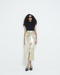 River Island Gold Split Front Twist Detail Midi Skirt – metallic faux leather pencil skirts