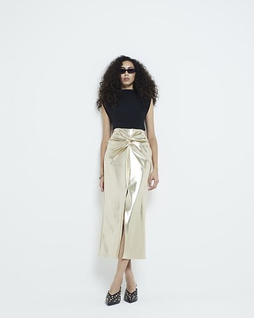 River Island Gold Split Front Twist Detail Midi Skirt – metallic faux leather pencil skirts