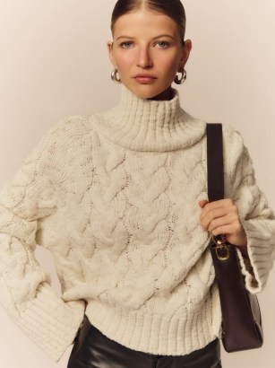 The Reformation Jax Chunky Cable Knit Turtleneck Gossamer ~ slouchy knits ~ cropped relaxed fit sweater ~ luxe high neck jumper