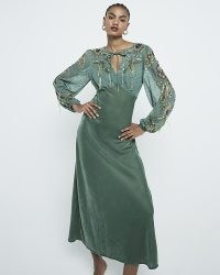 River Island Green Premium Velvet Embellished Midi Dress | semi sheer sequinned party dresses