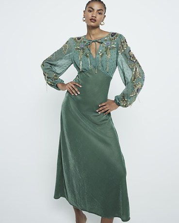 River Island Green Premium Velvet Embellished Midi Dress | semi sheer sequinned party dresses