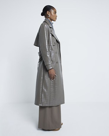 River Island Grey Faux Leather Croc Effect Trench Coat | women’s longline crocodile print coats