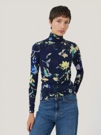 JIGSAW Hidden Floral Jersey Polo in Navy – blue fitted semi sheer long seeve high neck tops