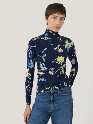 JIGSAW Hidden Floral Jersey Polo in Navy – blue fitted semi sheer long seeve high neck tops