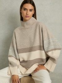 REISS Caitlyn Jumper Neutral ~ chic oversized striped jumpers ~ relaxed fit funnel neck sweater ~ women’s drop shoulder sweaters