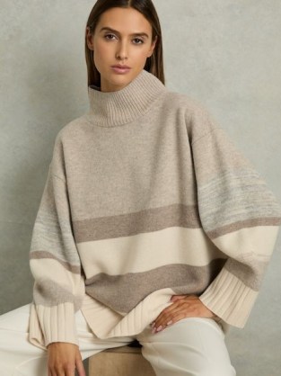 REISS Caitlyn Jumper Neutral ~ chic oversized striped jumpers ~ relaxed fit funnel neck sweater ~ women’s drop shoulder sweaters