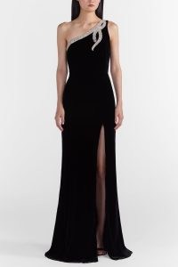 SALONI Justine B Velvet Dress in Black with Serpentine Embroidery – plush one shoulder gown – embellished thigh high slit occasion maxi dresses – glamorous evening gowns