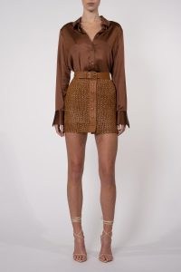 Nonchalant Label Kaiden Woven Leather Skirt in Honey | luxe light brown semi sheer mini skirts