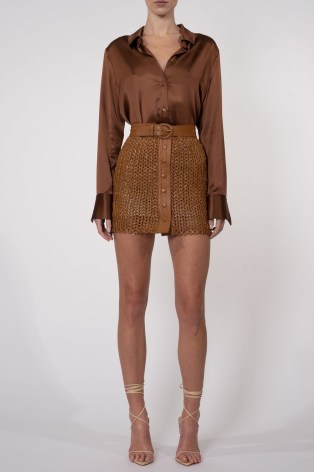 Nonchalant Label Kaiden Woven Leather Skirt in Honey | luxe light brown semi sheer mini skirts