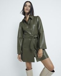 River Island Khaki Faux Leather Long Sleeve Shirt Dress – green collared fake leather dresses