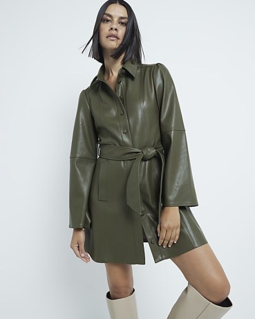 River Island Khaki Faux Leather Long Sleeve Shirt Dress – green collared fake leather dresses