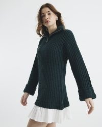 RIVER ISLAND Khaki Half Zip Jumper Dress ~ green knitted dresses