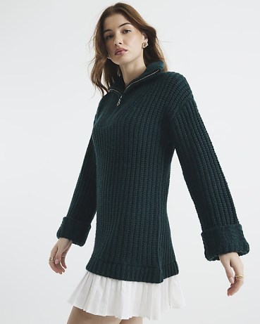 RIVER ISLAND Khaki Half Zip Jumper Dress ~ green knitted dresses