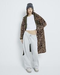 River Island Khaki Leopard Reversible Midi Puffer Jacket | women’s longline animal print winter jackets | womens faux fur lined coat