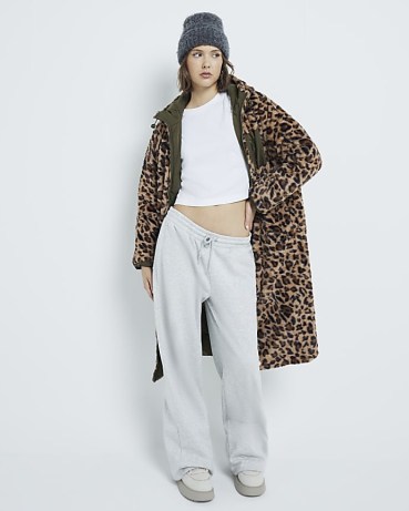 River Island Khaki Leopard Reversible Midi Puffer Jacket | women’s longline animal print winter jackets | womens faux fur lined coat