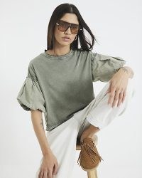 River Island Khaki Puff Short Sleeve Washed T-Shirt | green tee with puffed sleeves