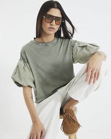 River Island Khaki Puff Short Sleeve Washed T-Shirt | green tee with puffed sleeves