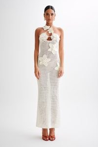 MESHKI Kyla Floral Crochet Maxi Dress in Ivory / knitted semi sheer floral detail halterneck dresses