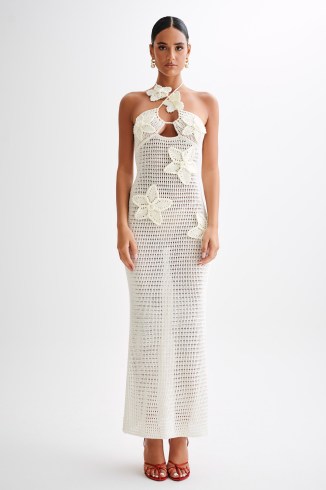 MESHKI Kyla Floral Crochet Maxi Dress in Ivory / knitted semi sheer floral detail halterneck dresses