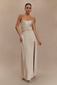 MESHKI Larissa Satin Maxi Dress With Ruched Petals in Champagne / silky strapless maxi dresses