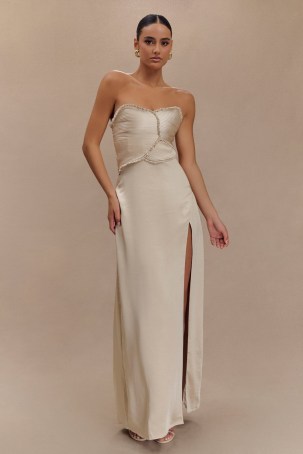 MESHKI Larissa Satin Maxi Dress With Ruched Petals in Champagne / silky strapless maxi dresses