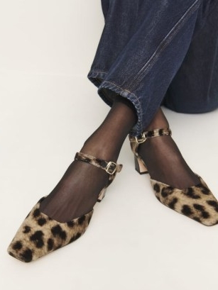 Reformation Denise Pump in Leopard Velvet – plush animal print block heel snip toe shoes