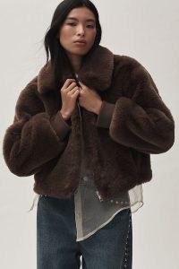 Maeve Cropped Faux-Fur Coat in Brown / women’s fluffy zip up winter jacket