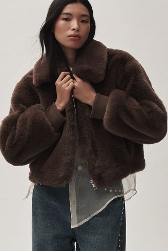 Maeve Cropped Faux-Fur Coat in Brown / women’s fluffy zip up winter jacket