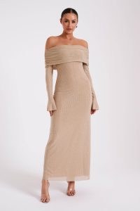 MESHKI Marcel Off Shoulder Diamante Maxi Dress in Nude / shimmering bardot dresses