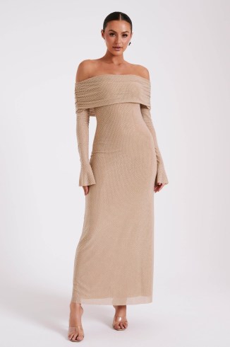 MESHKI Marcel Off Shoulder Diamante Maxi Dress in Nude / shimmering bardot dresses