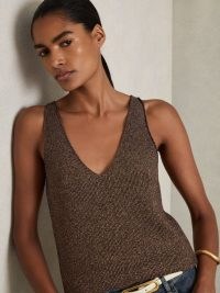 REISS Mika Metallic V-Neck Vest Bronze ~ women’s shimmering brown vests