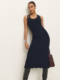 Reformation Jules Knit Dress in Midnight – dark blue sleeveless rib knit midi dresses