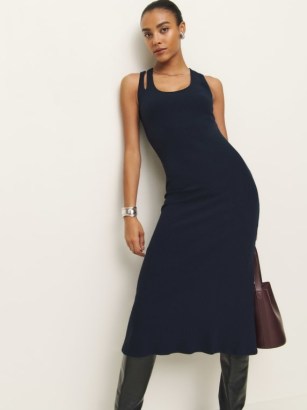 Reformation Jules Knit Dress in Midnight – dark blue sleeveless rib knit midi dresses