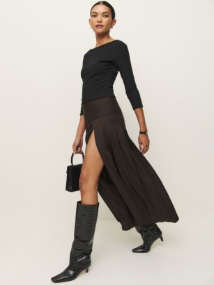 Reformation Nancy Skirt Mole ~ brown pleated thigh high slit skirts ~ chic fashion