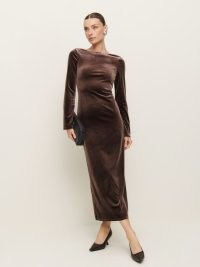 Reformation Delphina Knit Dress Mushroom Velvet ~ plush brown long sleeve scooped back occasion dresses