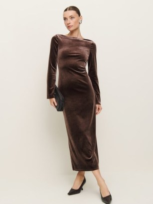 Reformation Delphina Knit Dress Mushroom Velvet ~ plush brown long sleeve scooped back occasion dresses