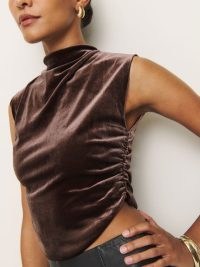 The Reformation Lindy Knit Top Mushroom Velvet ~ fitted cropped plush brown tops ~ ruched fashion ~ sleeveless clothing with high neckline