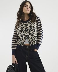 River Island Navy Long Sleeve Leopard Stripe Cardigan – women’s 100% cotton animal print cardigans