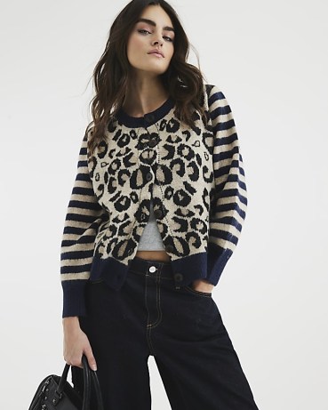 River Island Navy Long Sleeve Leopard Stripe Cardigan – women’s 100% cotton animal print cardigans