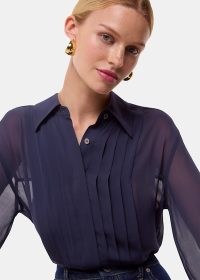 WHISTLES Navy Maya Pintuck Detail Blouse – sheer dark blue collared blouses