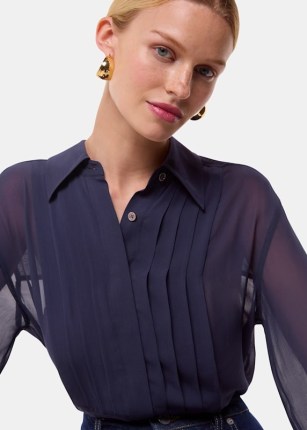 WHISTLES Navy Maya Pintuck Detail Blouse – sheer dark blue collared blouses