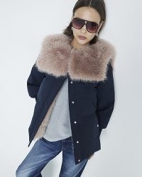 River Island Navy Padded Faux Fur Collar Jacket / women’s fluffy fake fur trimmed winter jackets