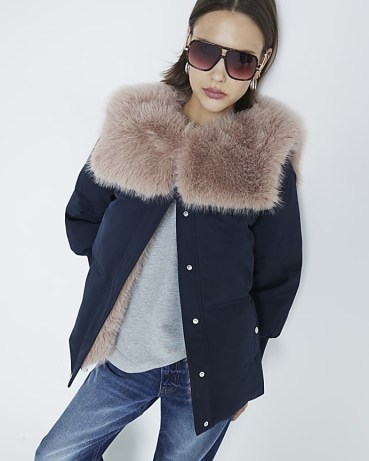 River Island Navy Padded Faux Fur Collar Jacket / women’s fluffy fake fur trimmed winter jackets