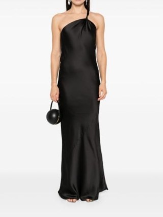 Norma Kamali Black One-Shoulder Bias Gown – strappy back satin finish evening event gowns – silky asymmetric occasion dress