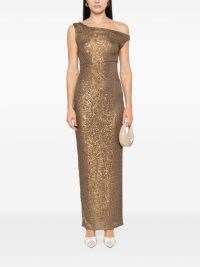 Norma Kamali Brown One-Shoulder Gown – bronze sequin asymmetric neckline evening dresses – glamorous event clothing – luxe sequinned occasion fashion