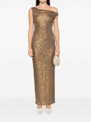 Norma Kamali Brown One-Shoulder Gown – bronze sequin asymmetric neckline evening dresses – glamorous event clothing – luxe sequinned occasion fashion