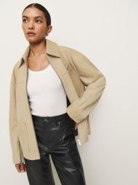 The Reformation Veda Bennett Oversized Leather Bomber Oat Distressed ~ women’s luxe collared zip up jackets