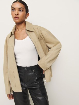 The Reformation Veda Bennett Oversized Leather Bomber Oat Distressed ~ women’s luxe collared zip up jackets